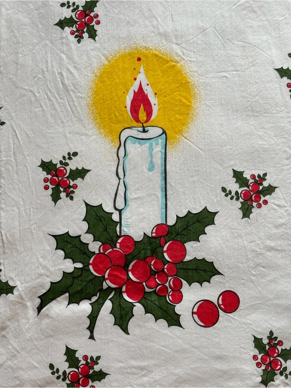 MCM Christmas Curtain Panel Holiday Textile Candle Holly Berry Red Scallop Trim